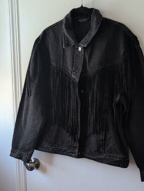 Black Fringed Denim Jacket - Women